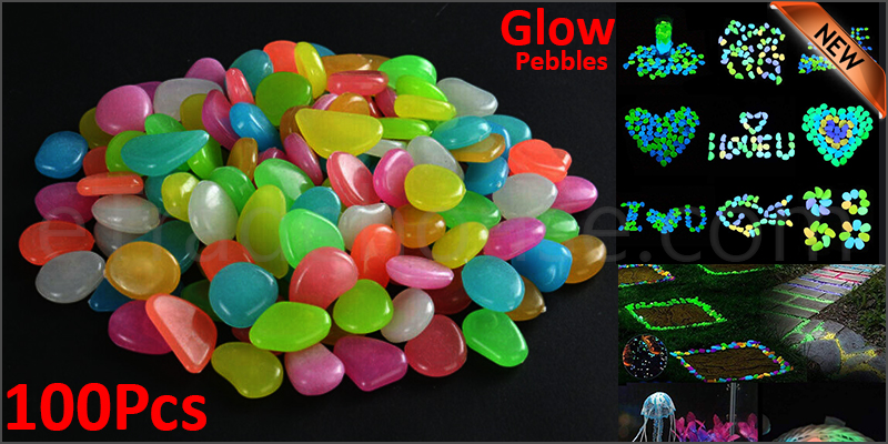 100Pc Glow In The Dark Pebble Stones Luminous Garden Walkway Flower Bed Shiny Mix Colours