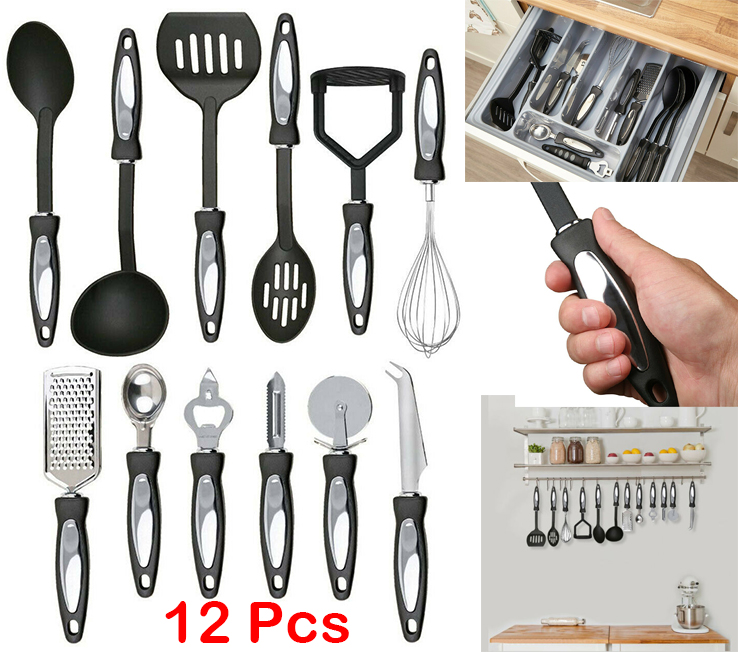 12 Pcs Kitchen Cooking Utensil Set Stainless Steel Gadget Tool Nylon Handles Uk