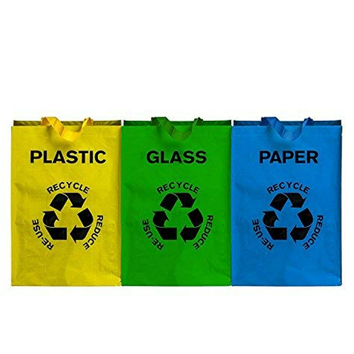 Set Of 3 Recycling Recycle Bags Colour Coded Plastic Glass Paper Storage Bin Bag