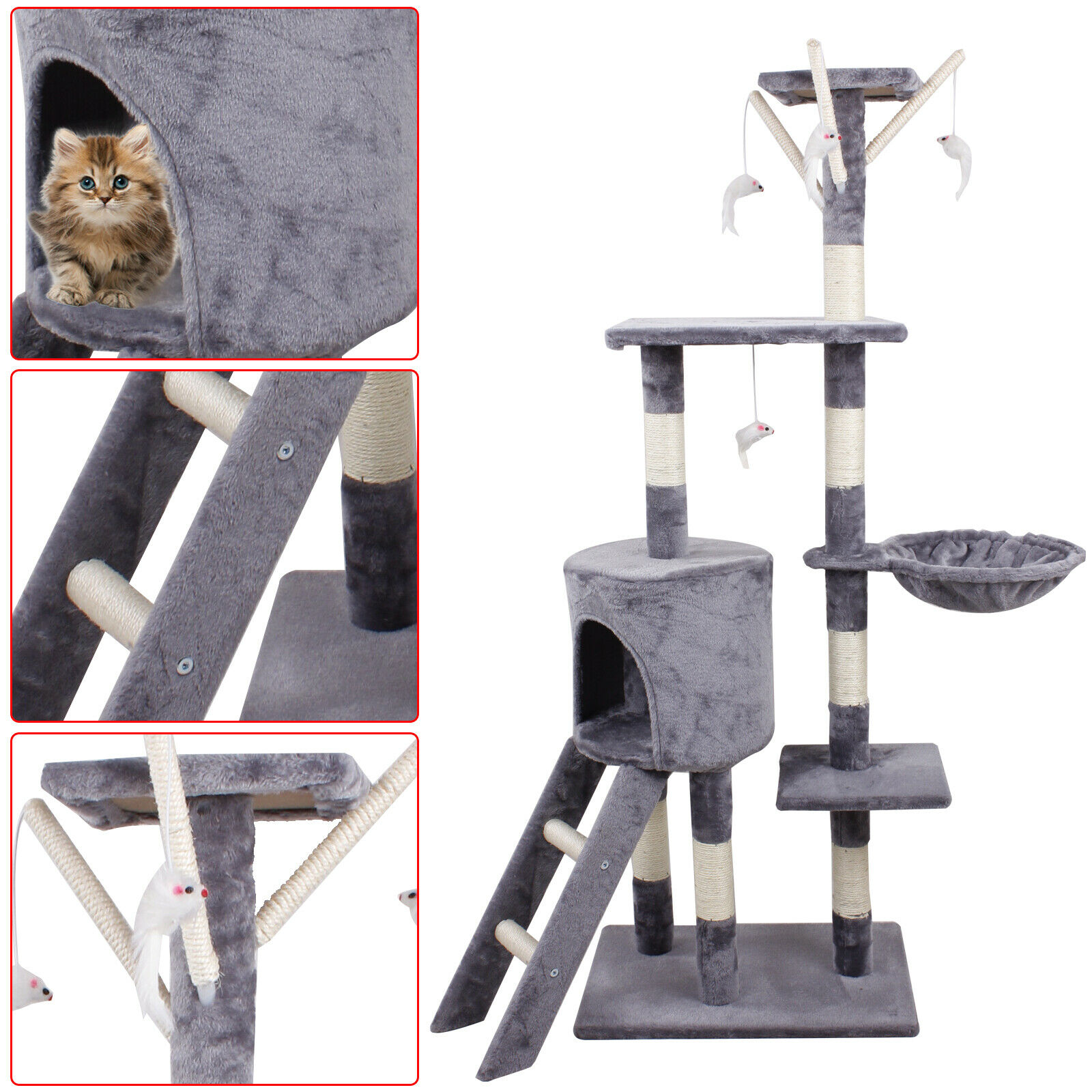 Grey 140Cm Cat Kitten Climbing Tree Scratching Post Activity Centre House Play Toys