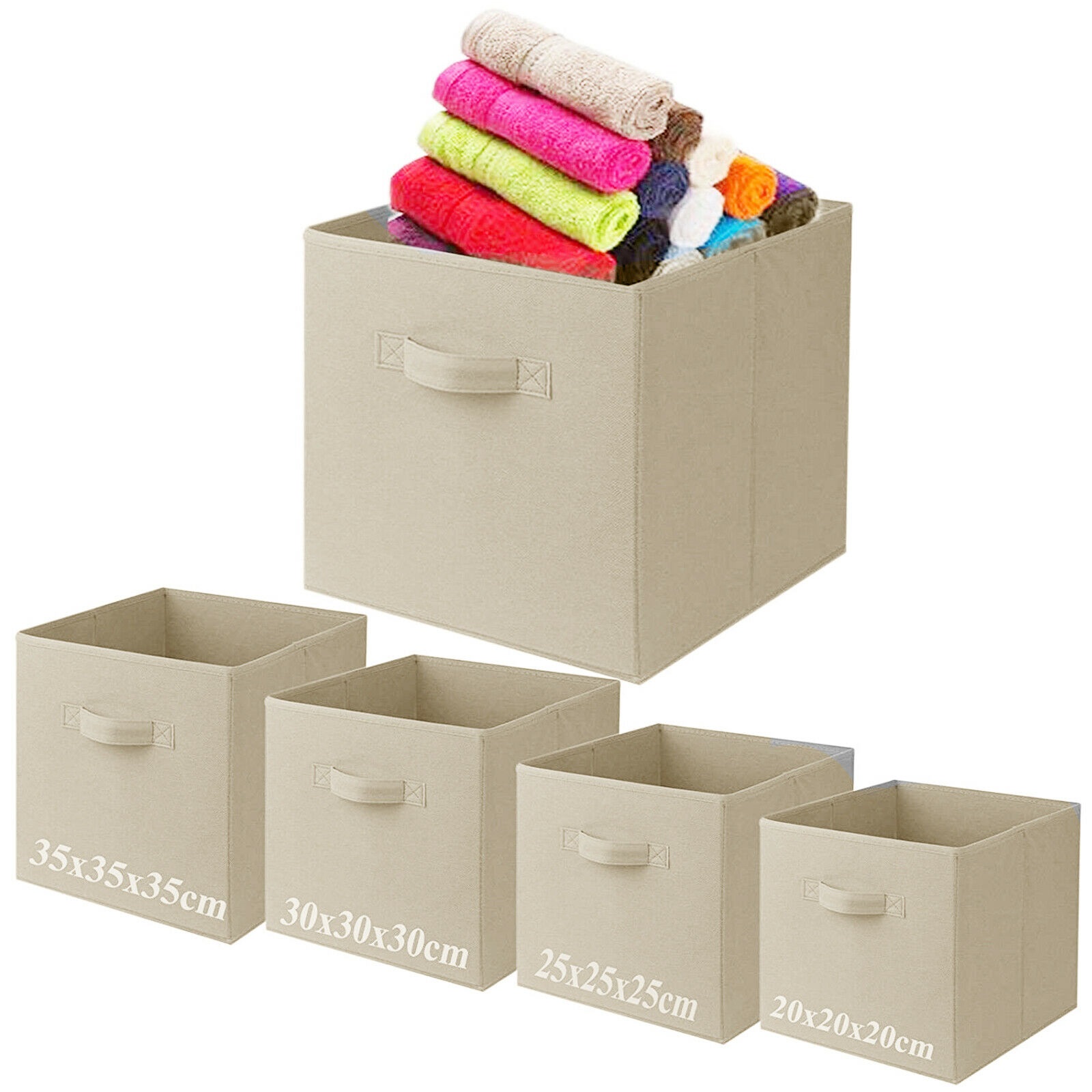 Beige Medium Square Foldable Canvas Storage Collapsible Folding Box Fabric Kids Cubes Toys