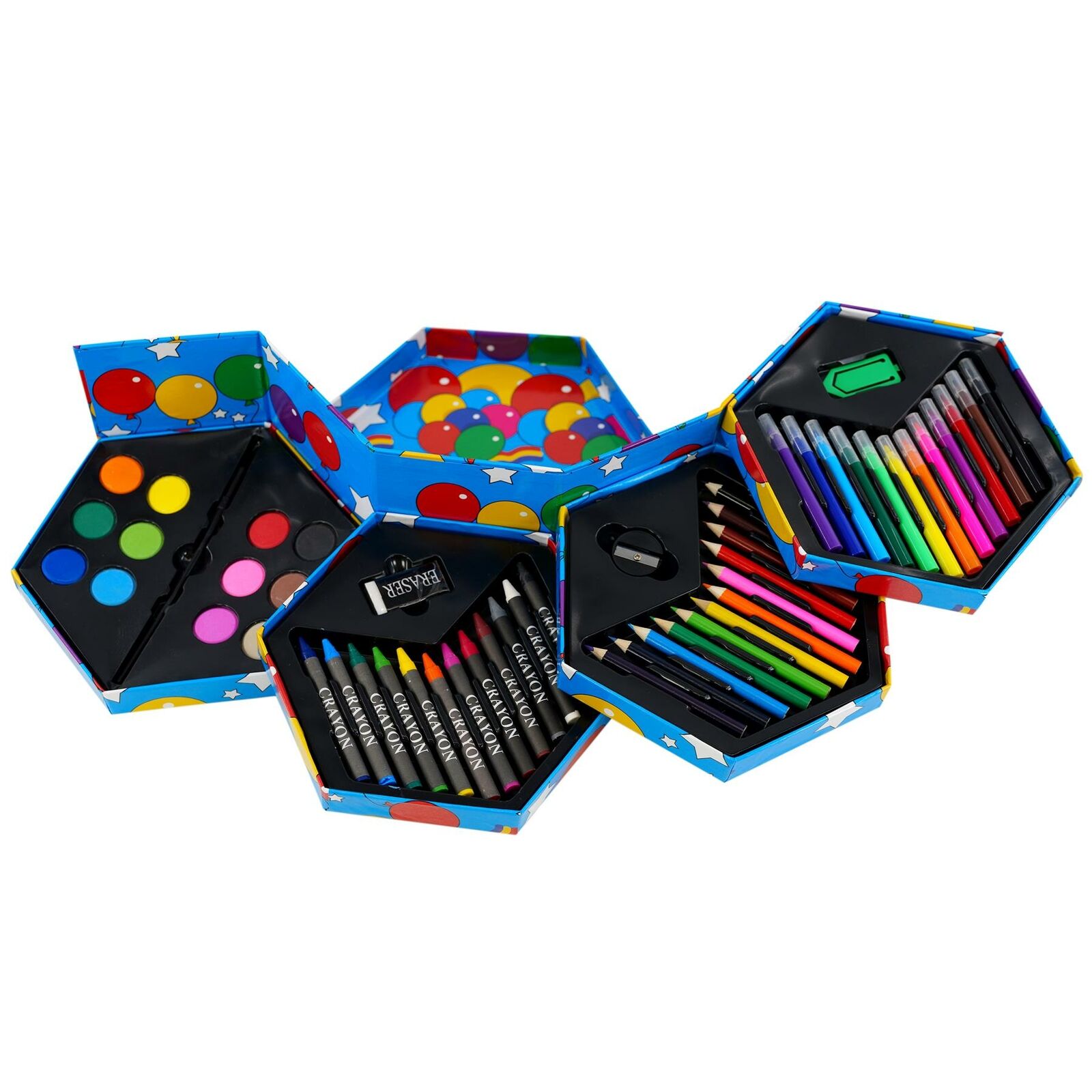 Kids 52 Pcs Craft Art Artists Set Hexagonal Box Crayons Paints Pens Pencils