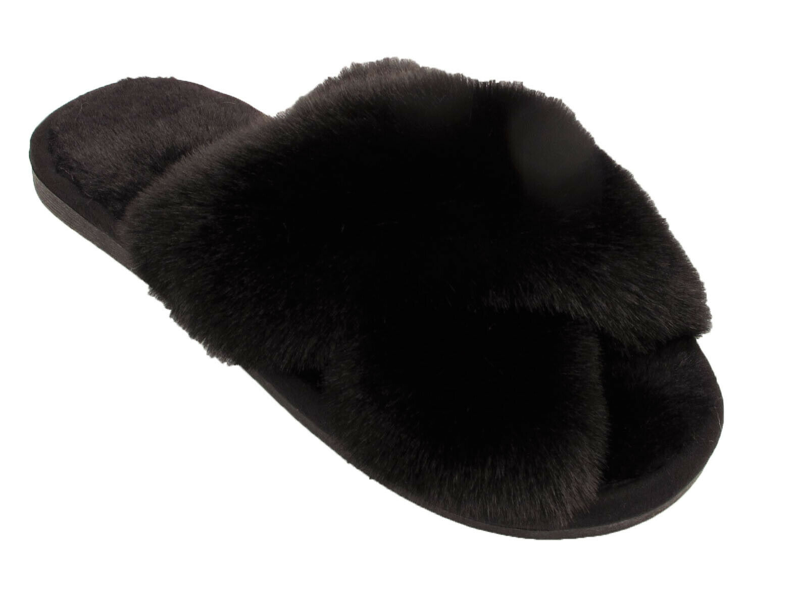 Size 7-8 Black Ladies Furry Slippers Women Fluffy Sliders Crossover Open Toe Faux Fur Mules