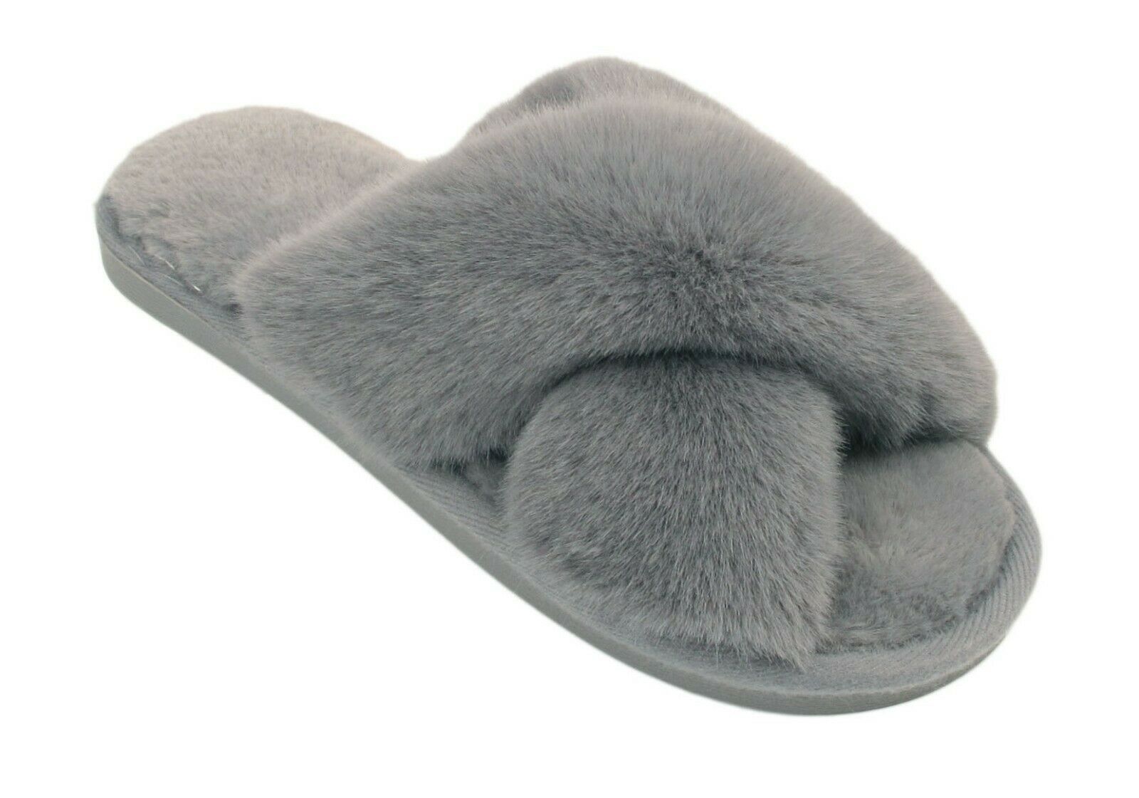 Size 5-6 Grey Ladies Furry Slippers Women Fluffy Sliders Crossover Open Toe Faux Fur Mules