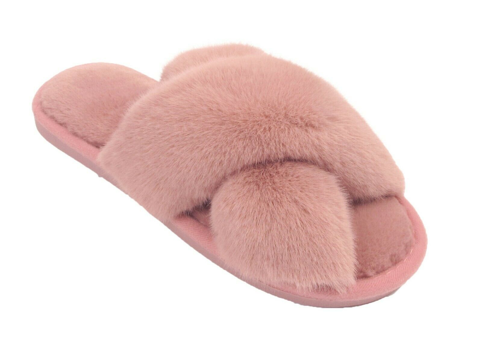 Size 3-4 Pink Ladies Furry Slippers Women Fluffy Sliders Crossover Open Toe Faux Fur Mules