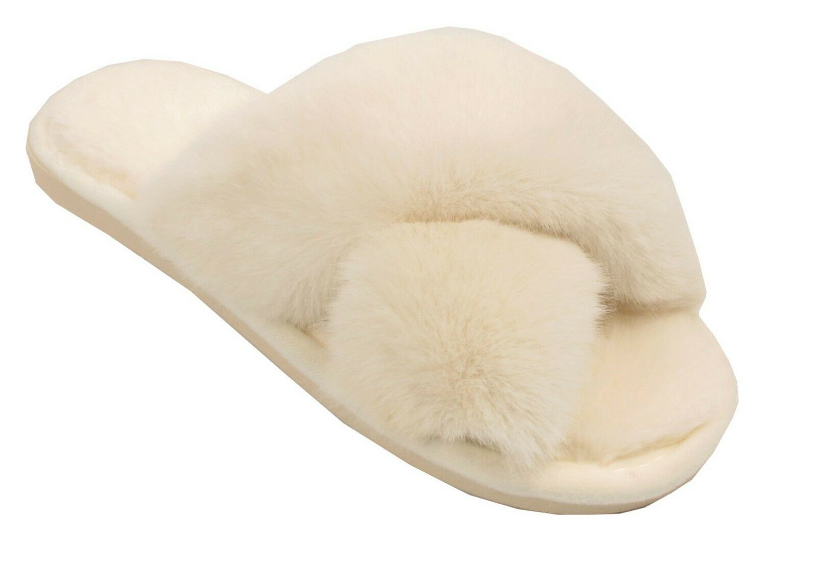Size 5-6 White Ladies Furry Slippers Women Fluffy Sliders Crossover Open Toe Faux Fur Mules