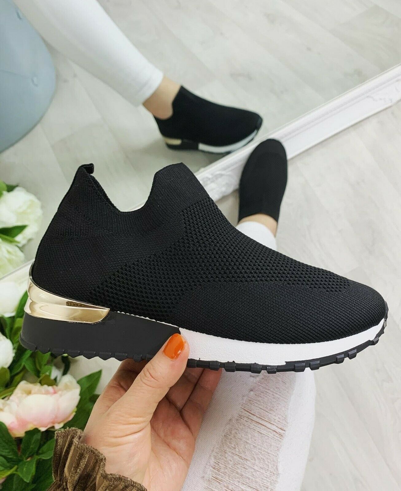 UK Size 6 EUR Size 39 Black Ladies Womens Slip on Sock Wedge Sneakers Classic Jogging Pumps Shoes Trainers