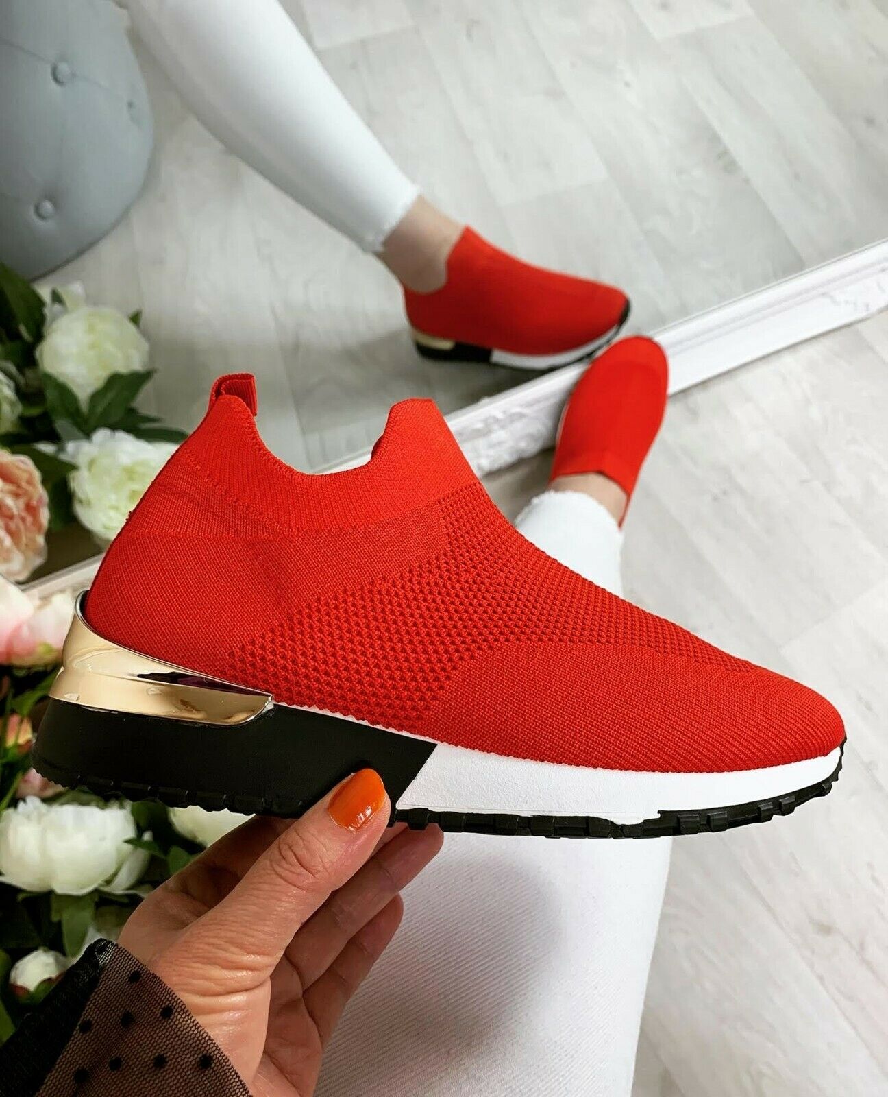 UK Size 3 EUR Size 36 Red Ladies Womens Slip on Sock Wedge Sneakers Classic Jogging Pumps Shoes Trainers