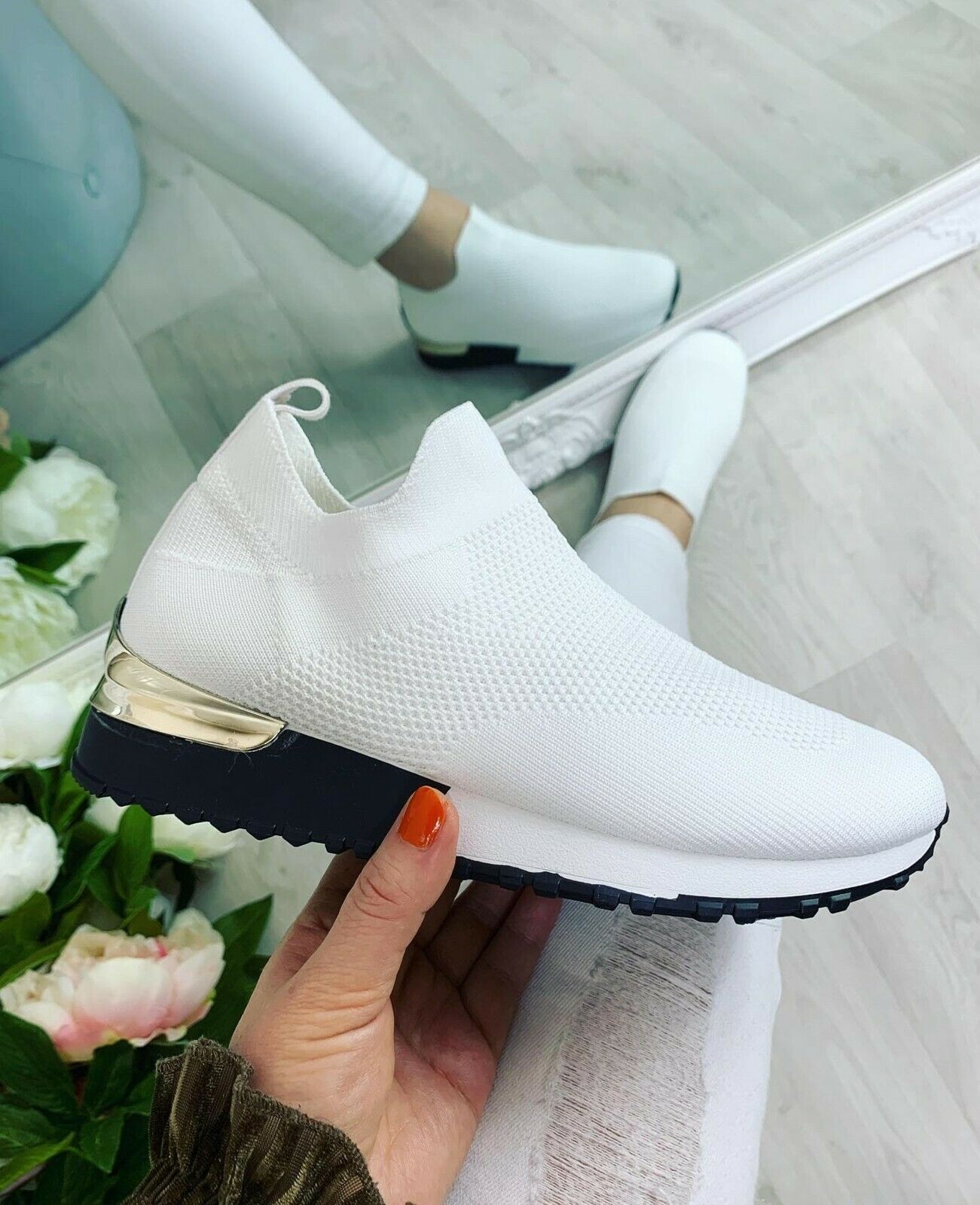 UK Size 3 EUR Size 36 White Ladies Womens Slip on Sock Wedge Sneakers Classic Jogging Pumps Shoes Trainers