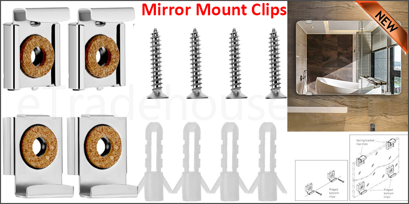Frameless Unframed Bathroom Mirror Glass Wall Hanging Fixing Kit Clips - Chrome