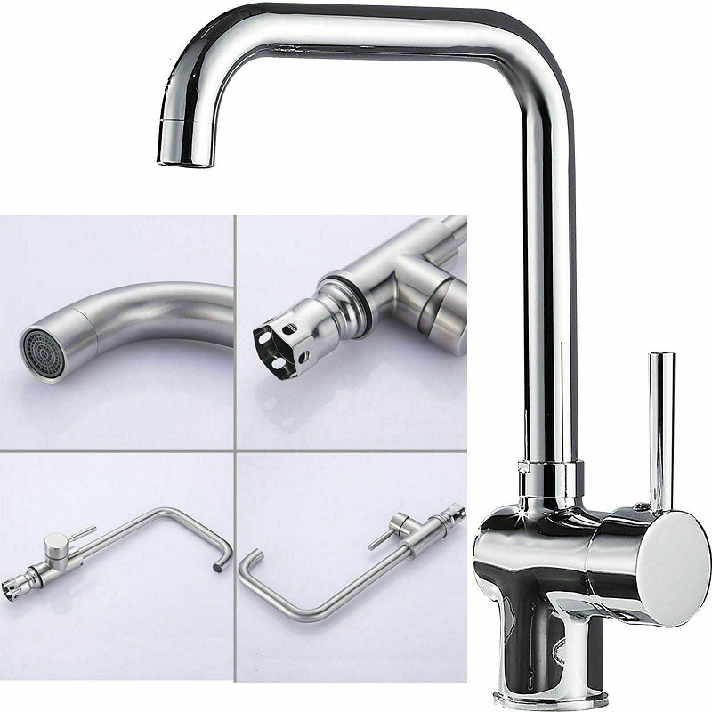 Kitchen Sink Spray Taps Mono Mixer Tap Swivel Spout Brushed Steel Bathroom Basin