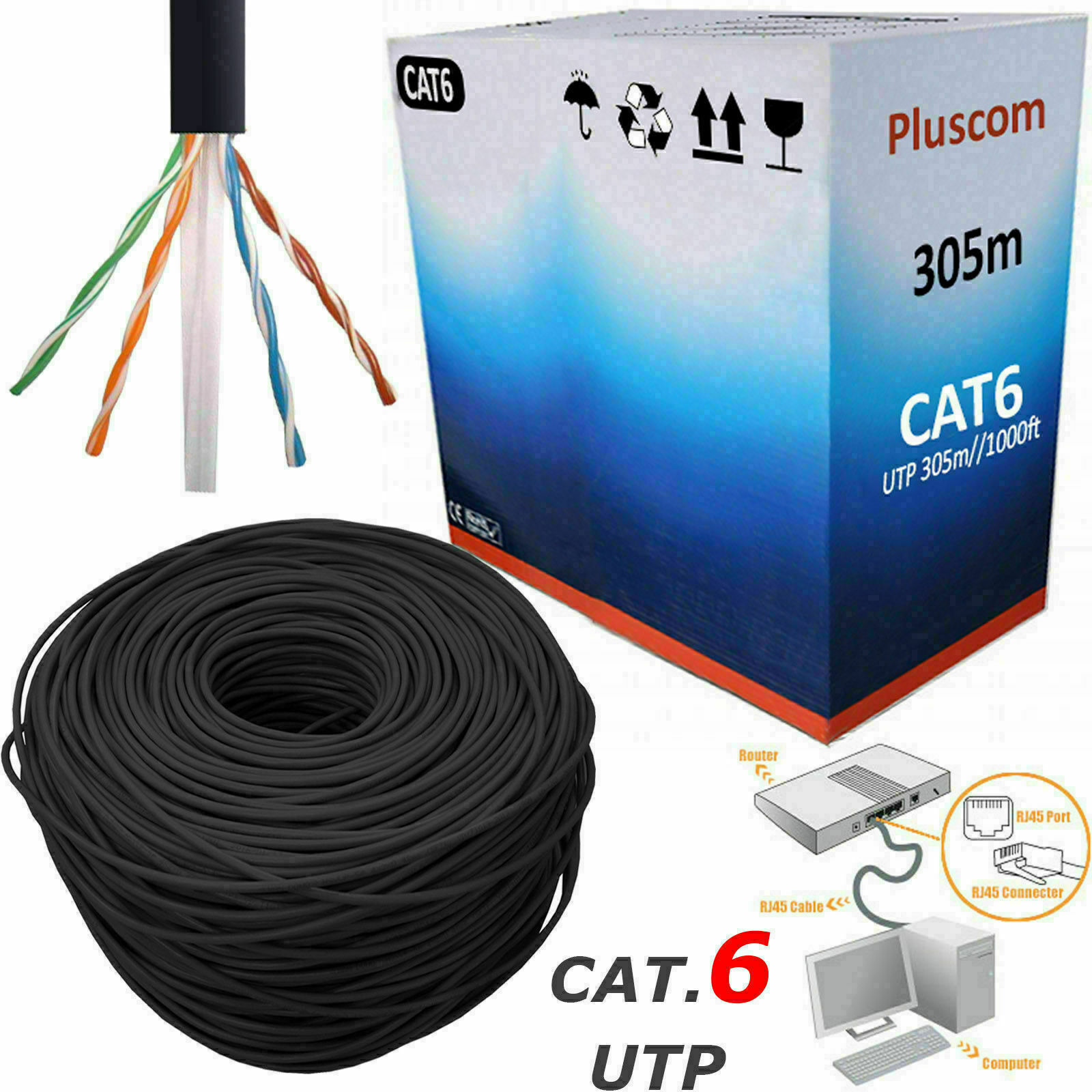Black 305M Rj45 Cat6 Network Ethernet Cca Utp Outdoor Roll Reel Cable Modem