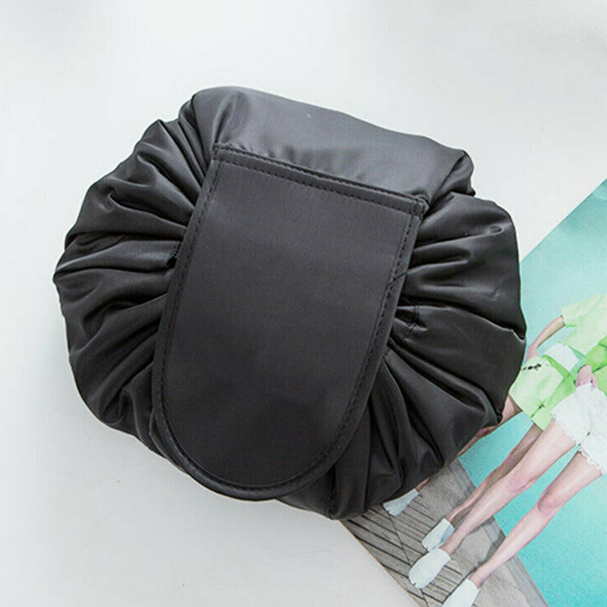 Black Portable Makeup Bag Drawstring Storage Travel Toiletry Wash Cosmetic Magic Pouch