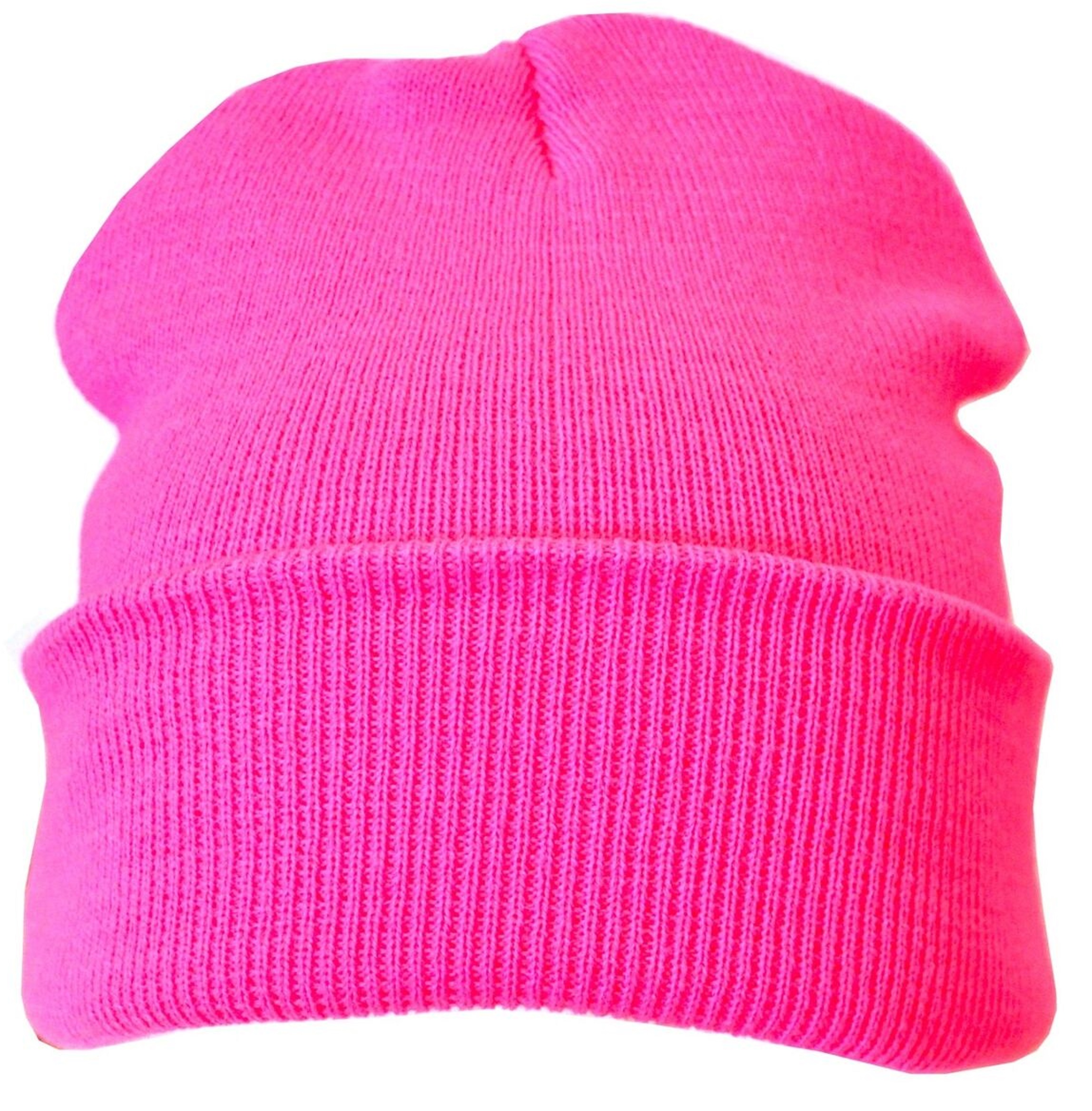 Pink Bright Plain Colour Casual Beanie Hat Winter Warm Woolly Hat