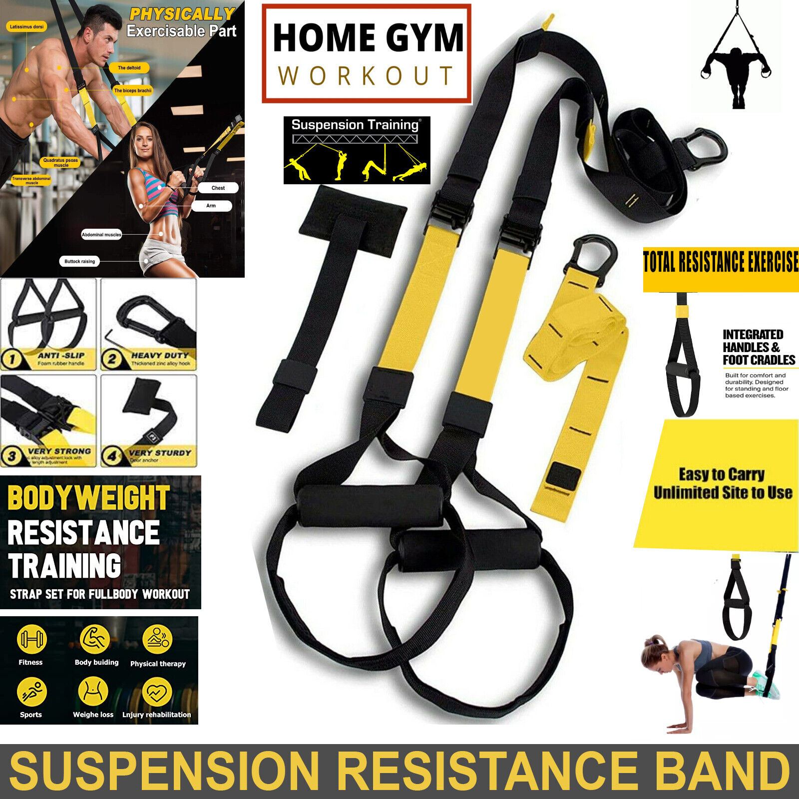 Heavy Duty Hang Trainer Straps Home Gym Fitness Resistance Bands Uk Training