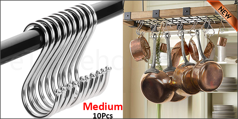 10 Stainless Steel Metal S Hooks Kitchen Utensil Hanger Cloths Hanging Rail Medium Size