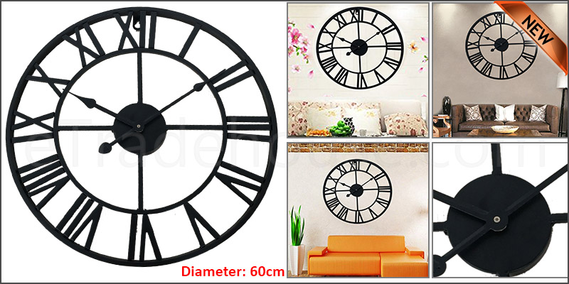60Cm Traditional Vintage Style Iron Wall Clock Roman Numerals Home Decor Gift