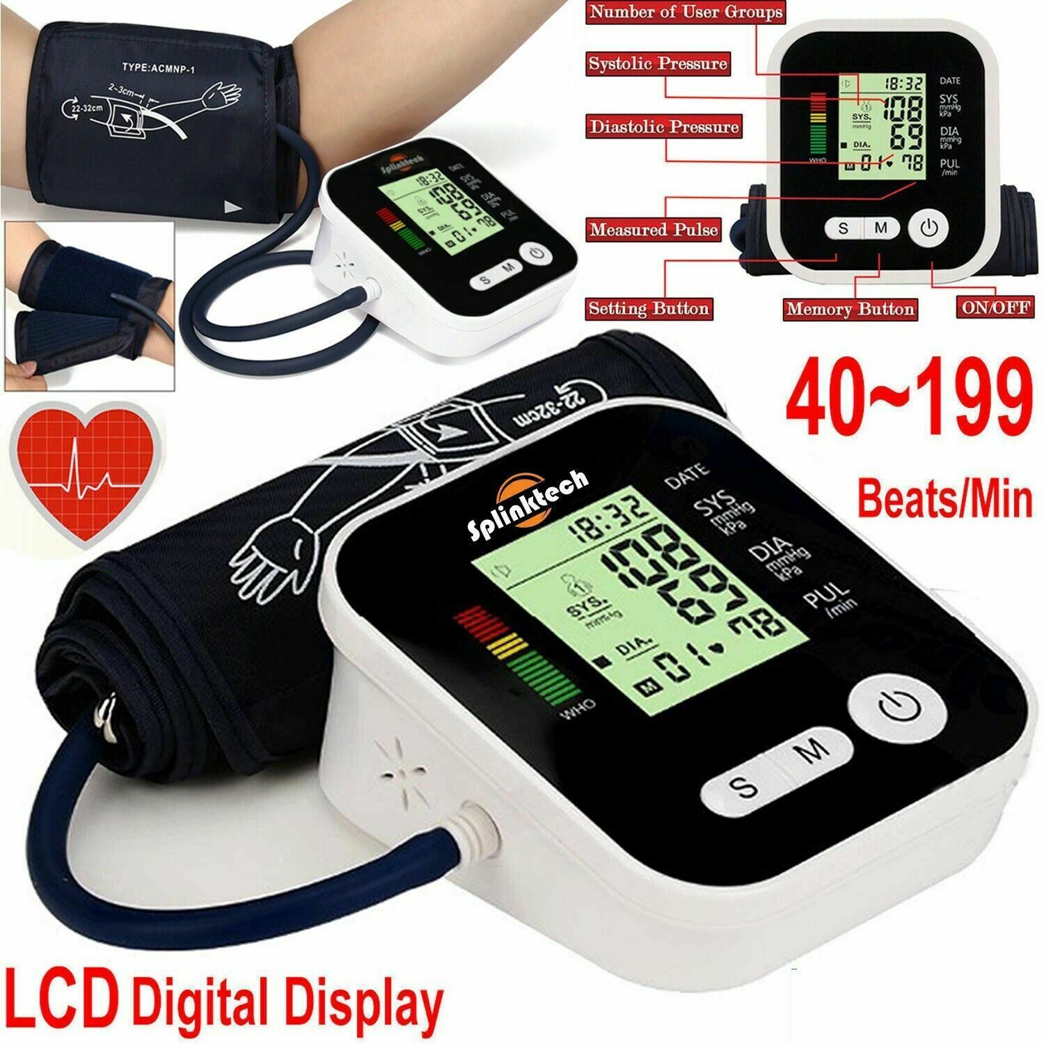 Black Portable Digital Upper Arm Blood Pressure Meter BP Monitor Automatic Cuff 180