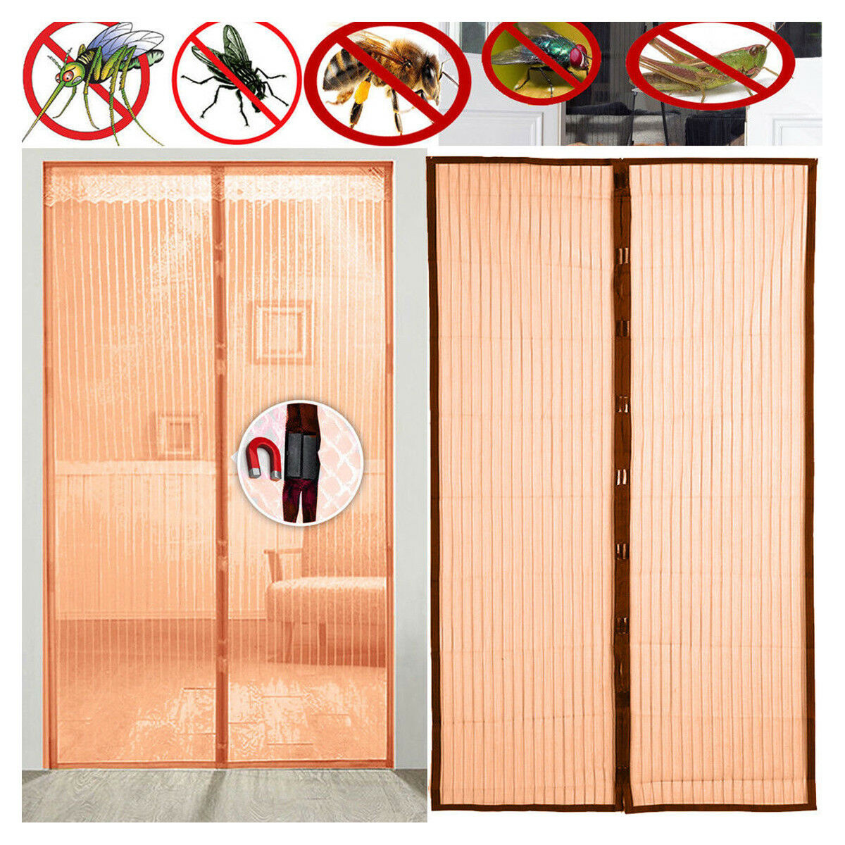 Brown Magnetic Mesh Door Magic Protection Curtain Snap Fly Bug Insect Mosquito Screen