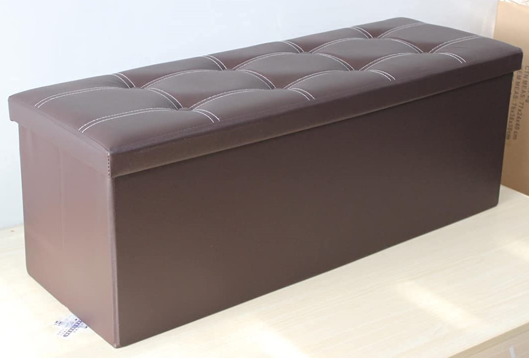 Faux Leather Brown 3 Seater Ottoman Foldable Storage Boxes and Seat - Foot Stool - Storage Box with Lids