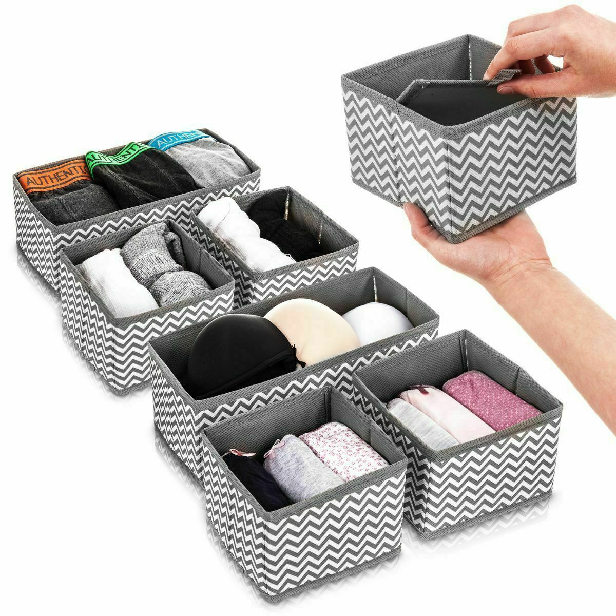 Grey 6 Section Canvas Storage Box Wardrobe Organiser Drawer Organiser Socks Ties