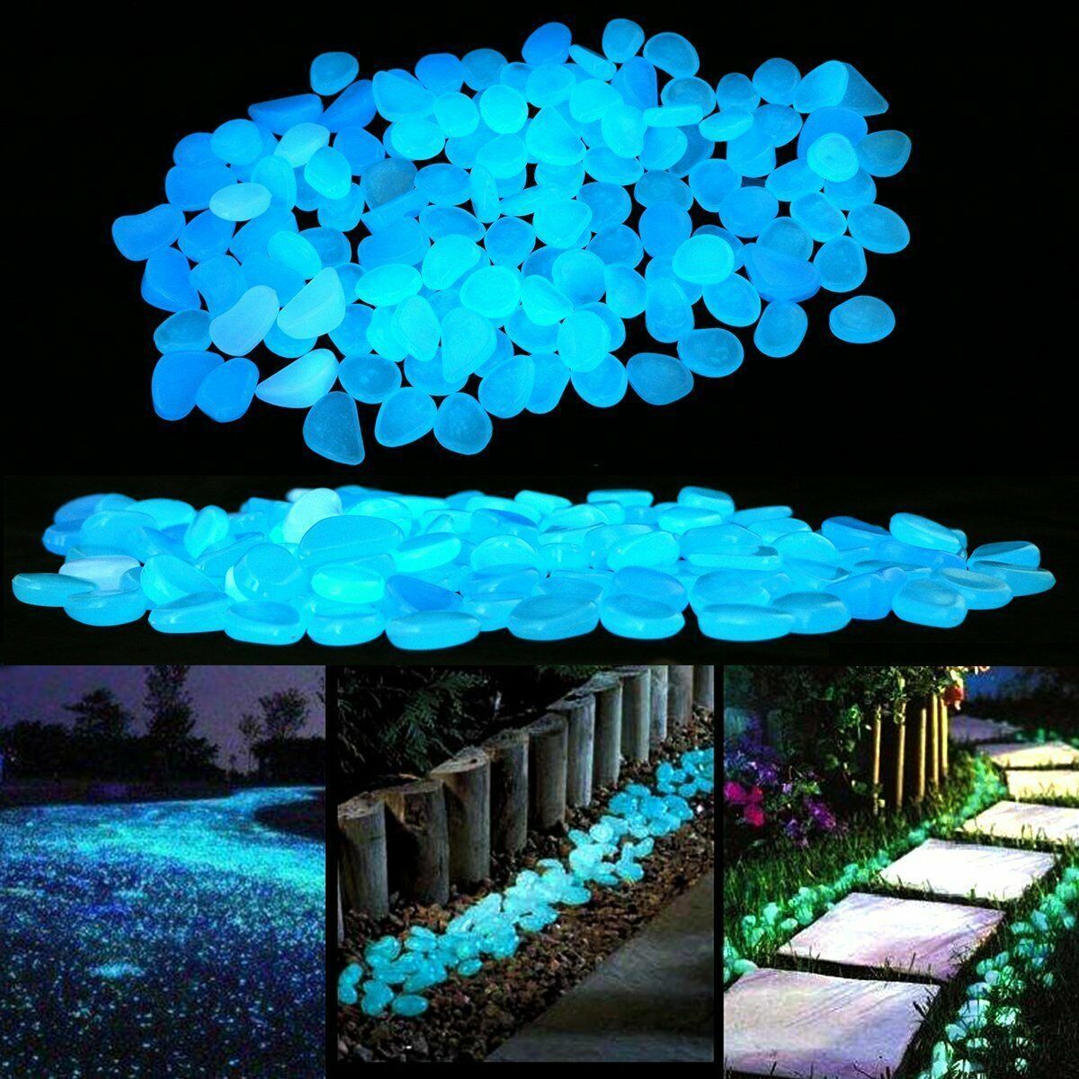 100Pcs Blue Glow in the Dark Pebbles Stones Garden Home Walkway Aquarium Fish Tank