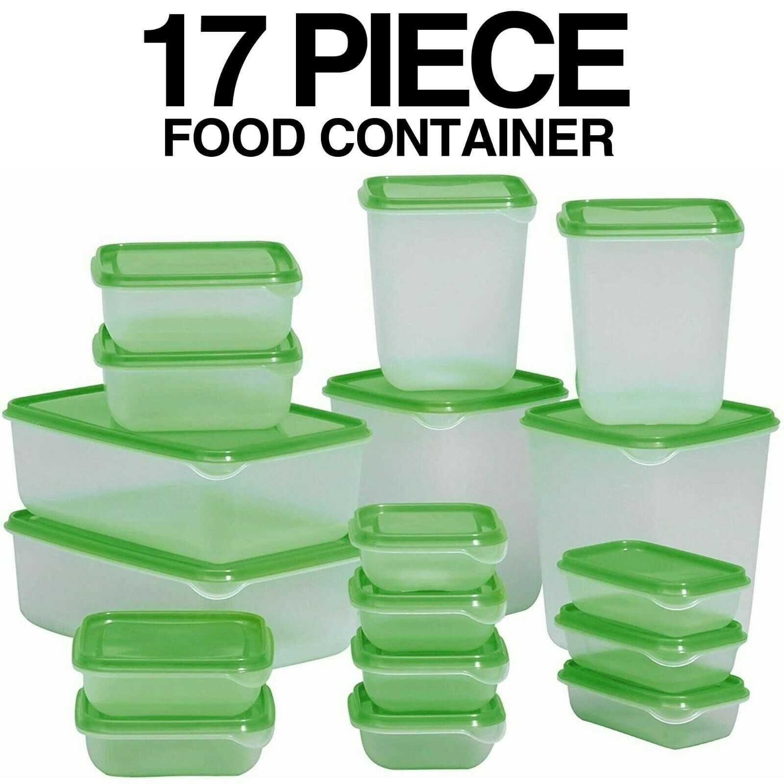 Plastic Food Container Sets Fridge Freezer Storage Tubs & Lids Green Set Of 17