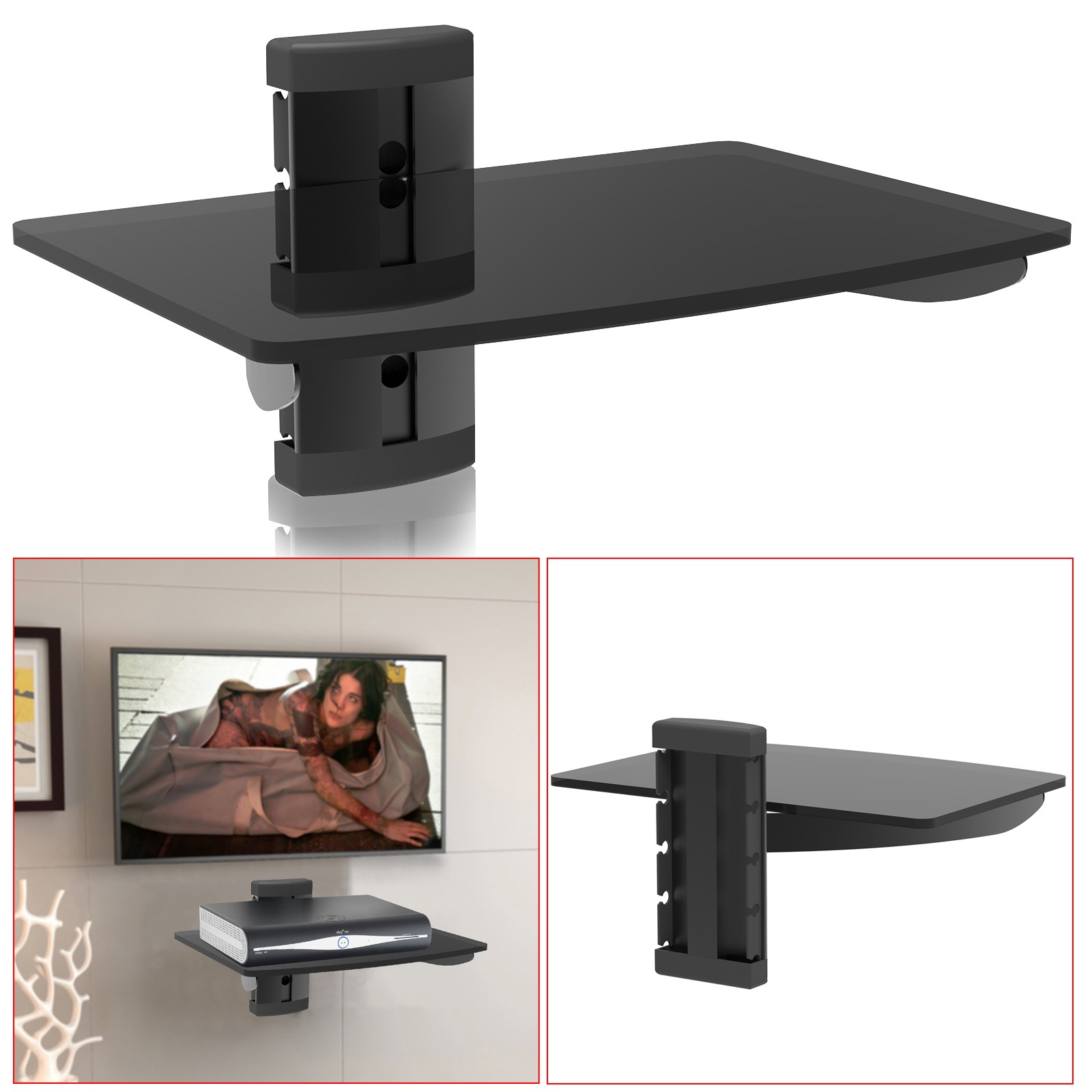 1 Tier Black Glass Floating Wall Mount Shelf Sky Box Game Console DVD Player