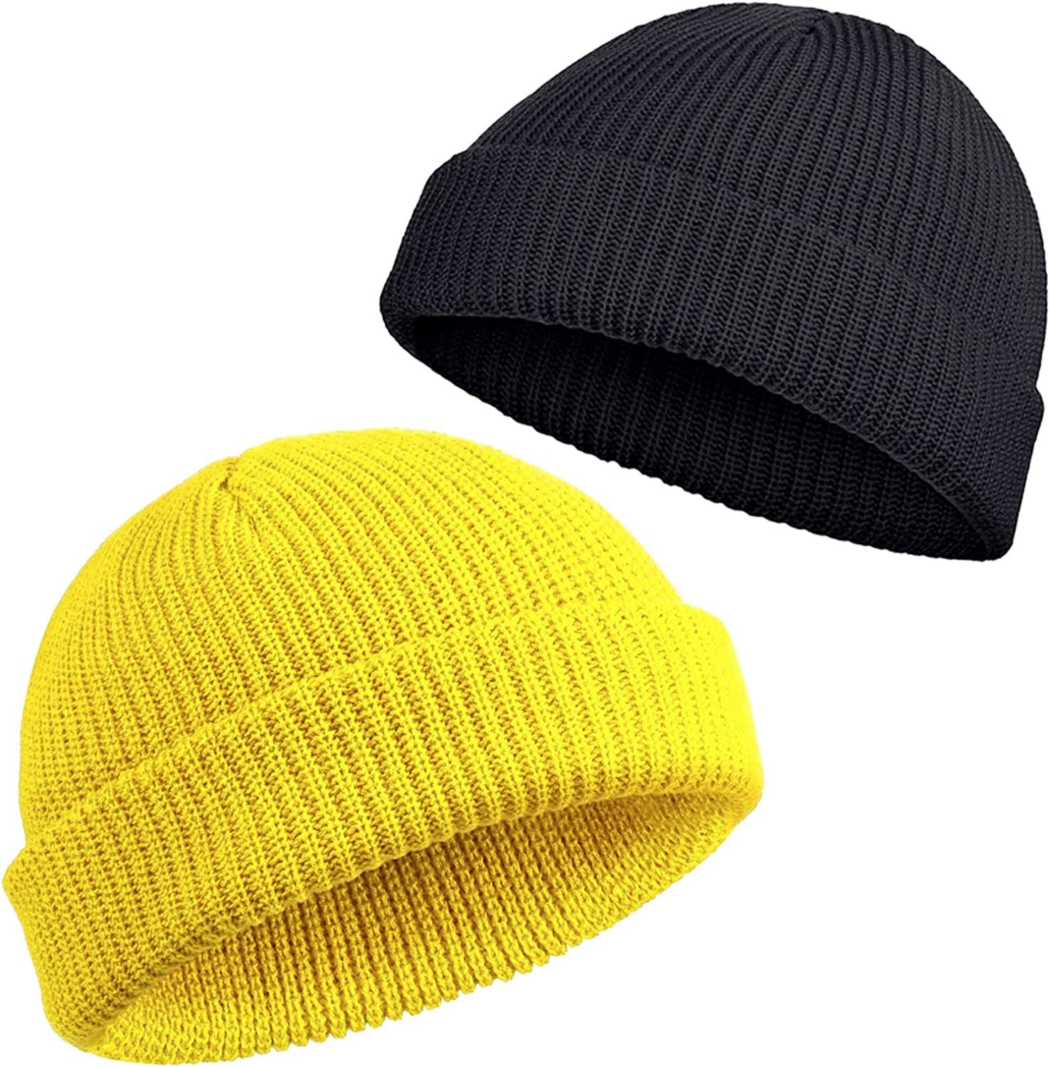 2 Pieces Black Yellow Winter Short Fisherman Beanie Hat Trawler Beanie Watch Hat Edge Skullcap for Men