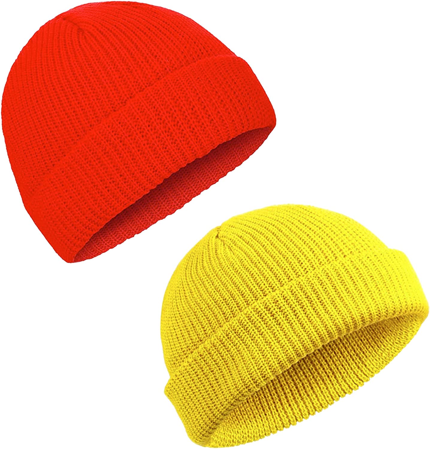 2 Pieces Red Yellow Winter Short Fisherman Beanie Hat Trawler Beanie Watch Hat Edge Skullcap for Men