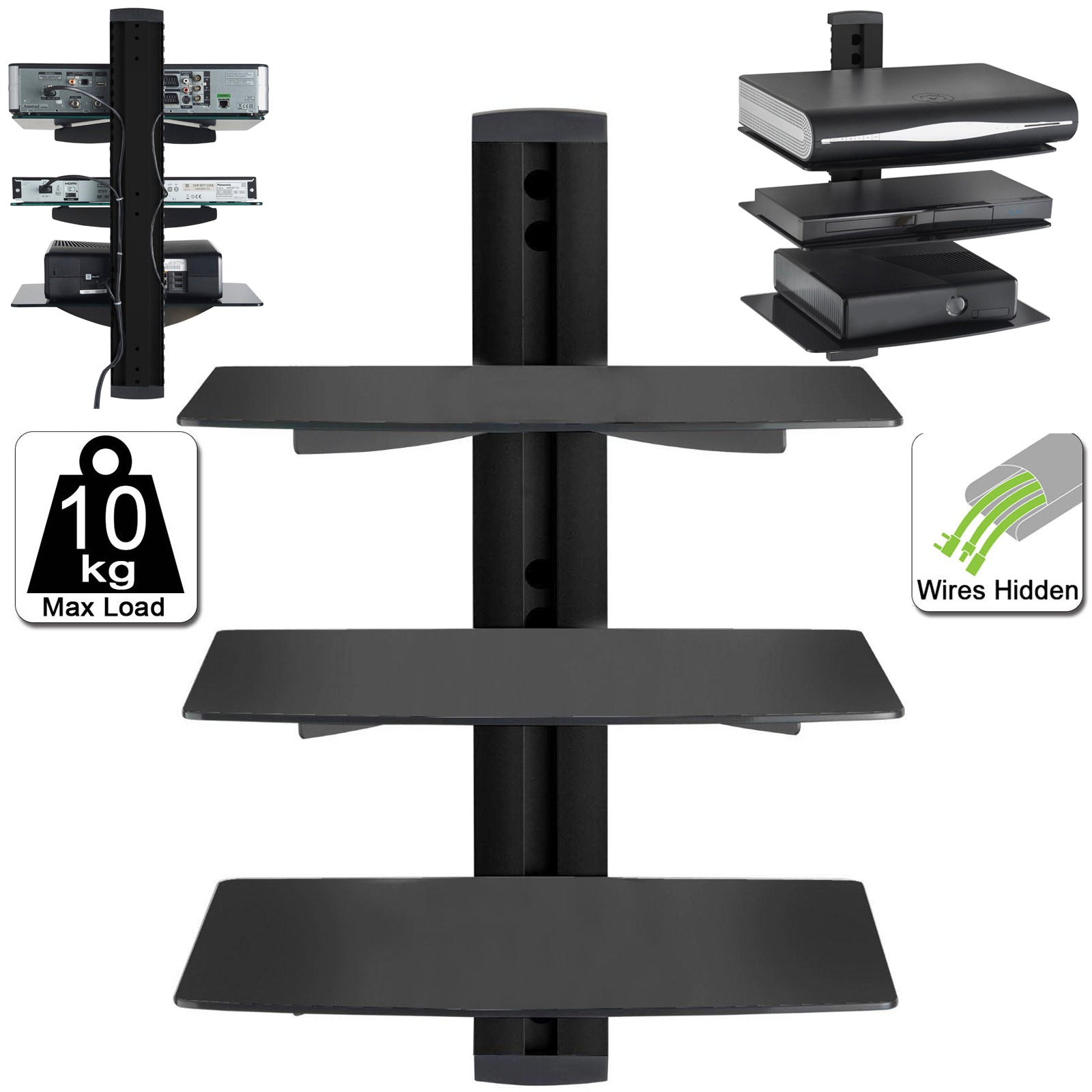 3 Tier Black Wall Shelf Mount Glass Floating DVD Player Sky Box PS Xbox Console HQ