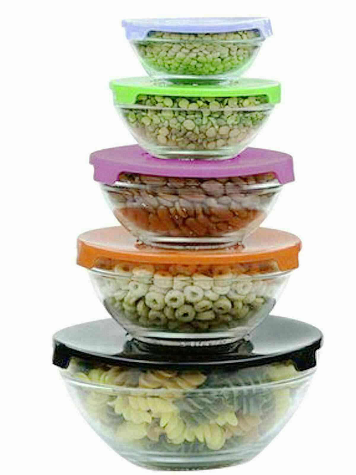 5 Pcs Glass Bowls Food Storage Kitchen Set With Colour Lids Stackable Container