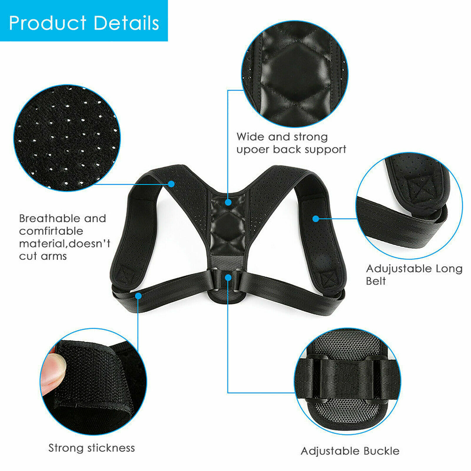 Black Unisex Adjustable Magnetic Posture Back Support Brace Shoulder Belt Corrector