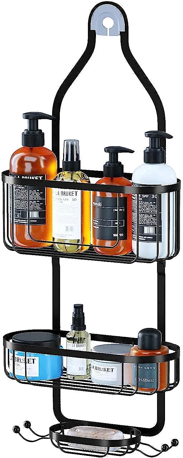 Bathroom Hanging Shower Organizer, Over Head Shower Caddy Shower Storage Rack Basket with Hooks for Razor and Sponge Rustproof