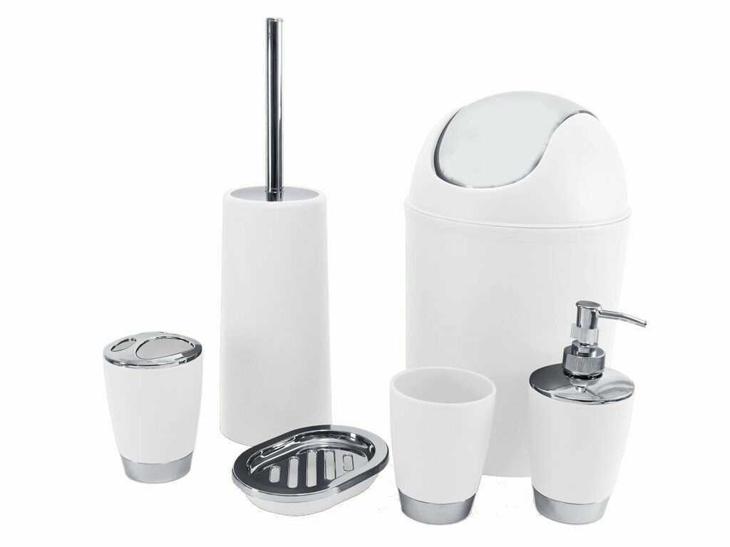 White 6 Piece Bathroom Set Accessory Bin Soap Dish Dispenser Tumbler Toothbrush Holder