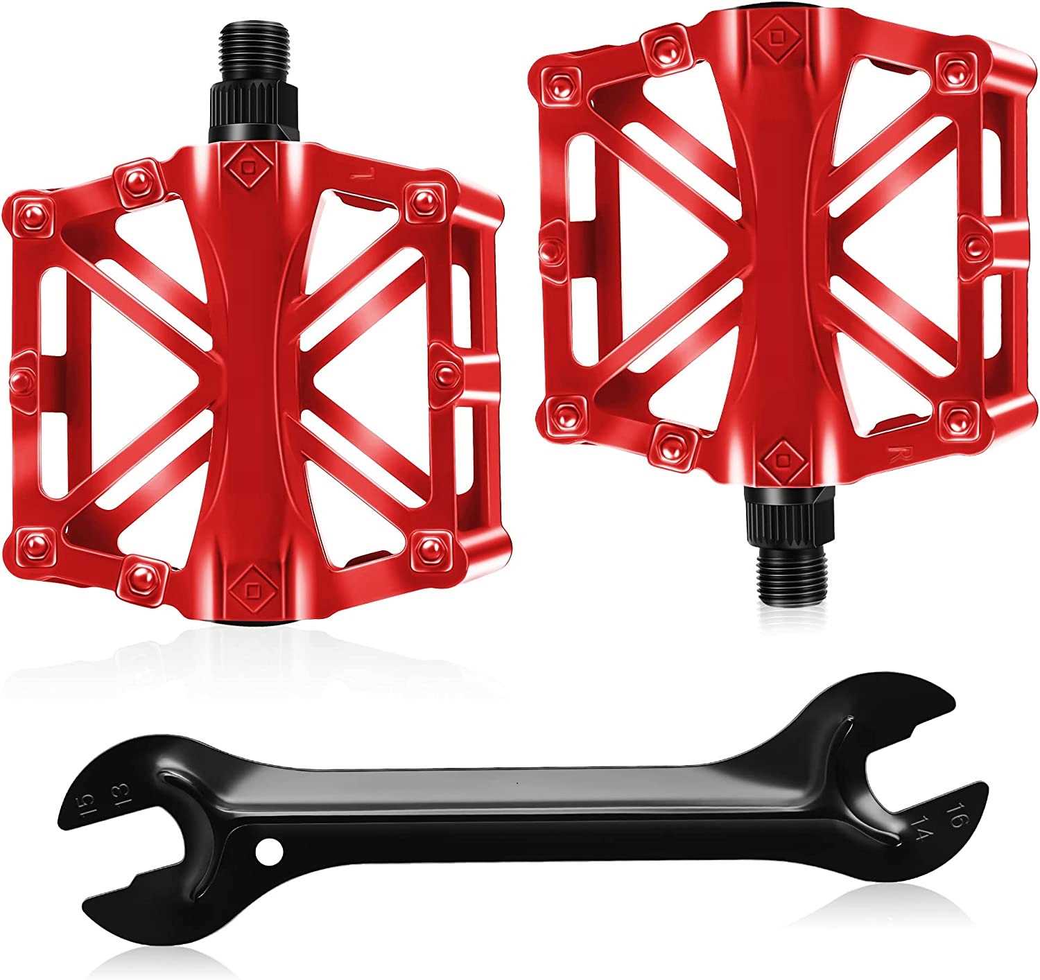 9/16” Red Pair Of Bicycle Mountain Bike MTB BMX Cycling Bearing Alloy Flat Platform Pedals With Wrench