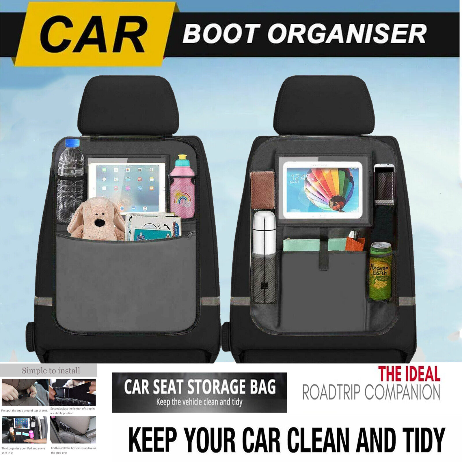 2x Kids Kick Mat Car Back Seat Organiser Tablet Holder Storage Toys Bag Pockets