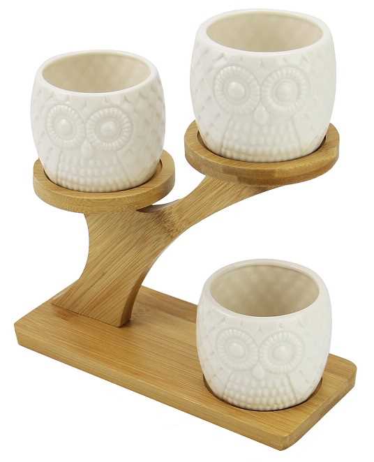 Owl Pots With Stand Ceramic Plant Pot With Bamboo Stand No Plants Included