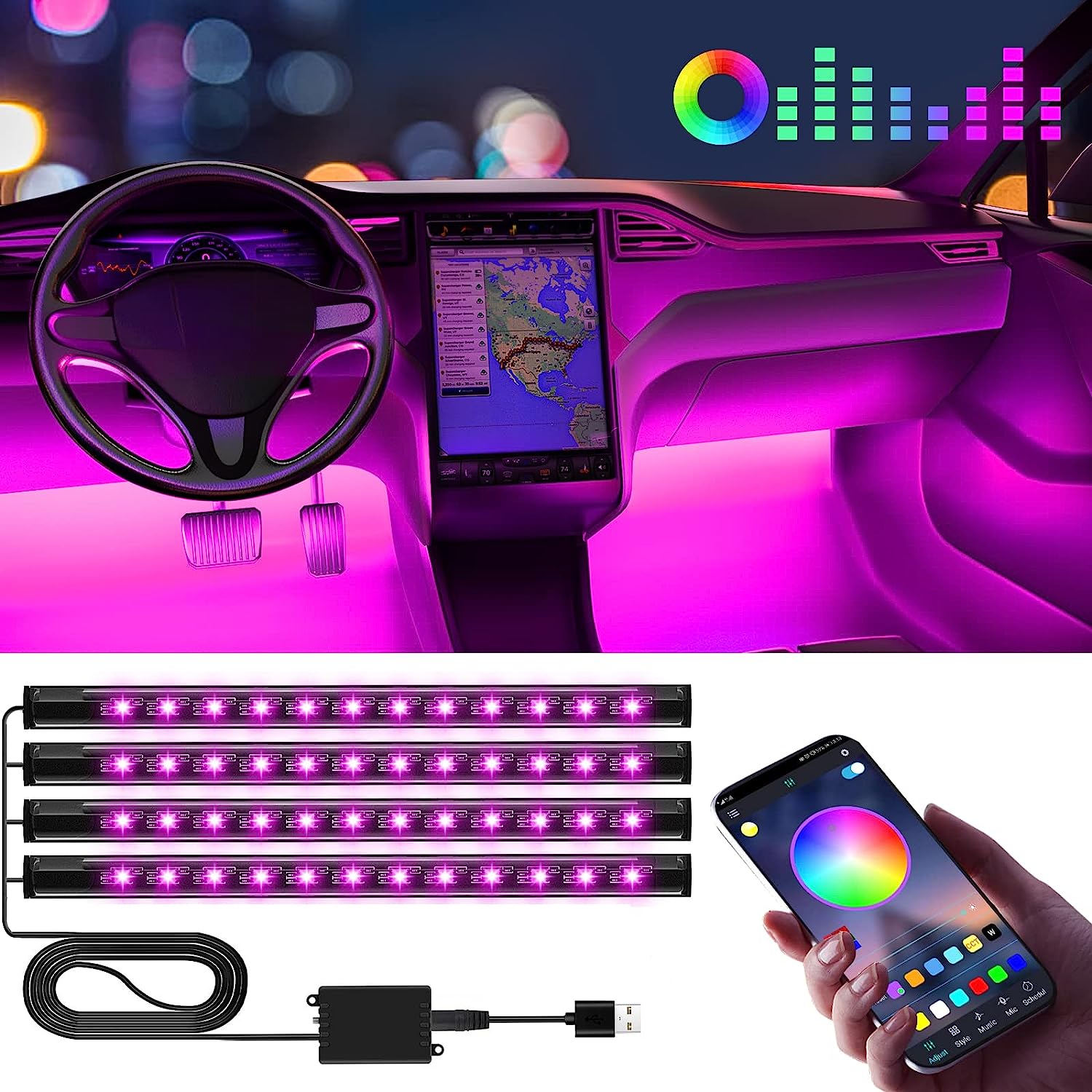LED Interior Strip Lights with USB Port APP Control Gifts for Him Her Car Accessories for Men Women Car Stuff Lighting Kits Decoration Car Atmosphere 