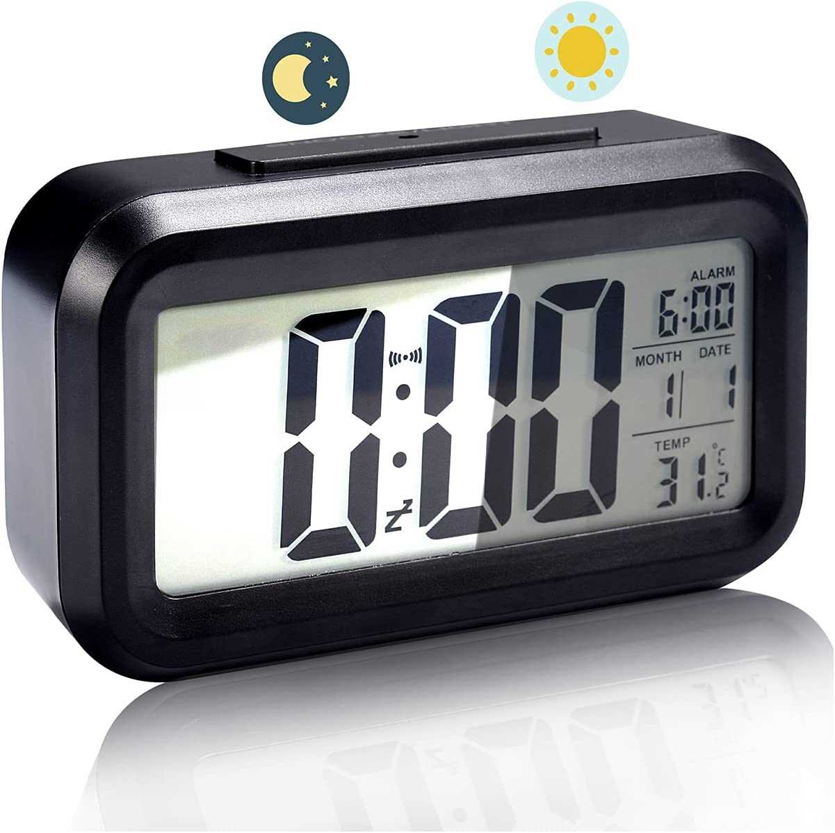 Black Digital Alarm Clock Big LED Display Bedside Clock 12 24Hr Snooze Night Light with Date Calendar Temperature