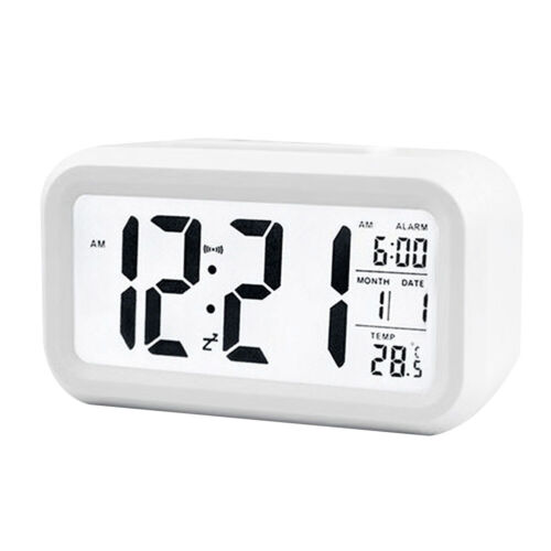 White Digital LED Alarm Clock Battery Powered Alarm Clock Bedside Date Temperature Backlit