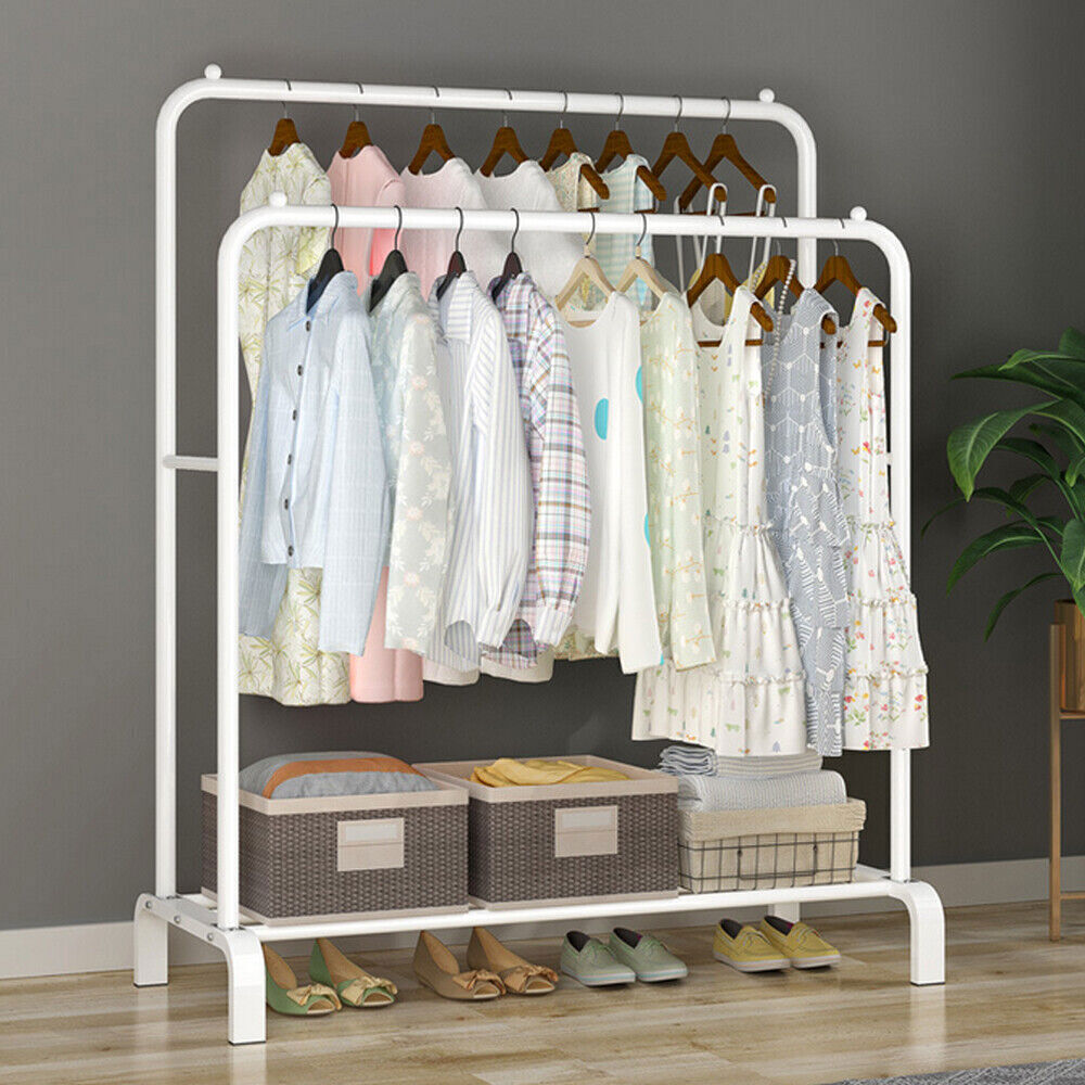White Heavy Duty Double Clothes Rails Hanging Rack Garment Display Stand Storage Shelf