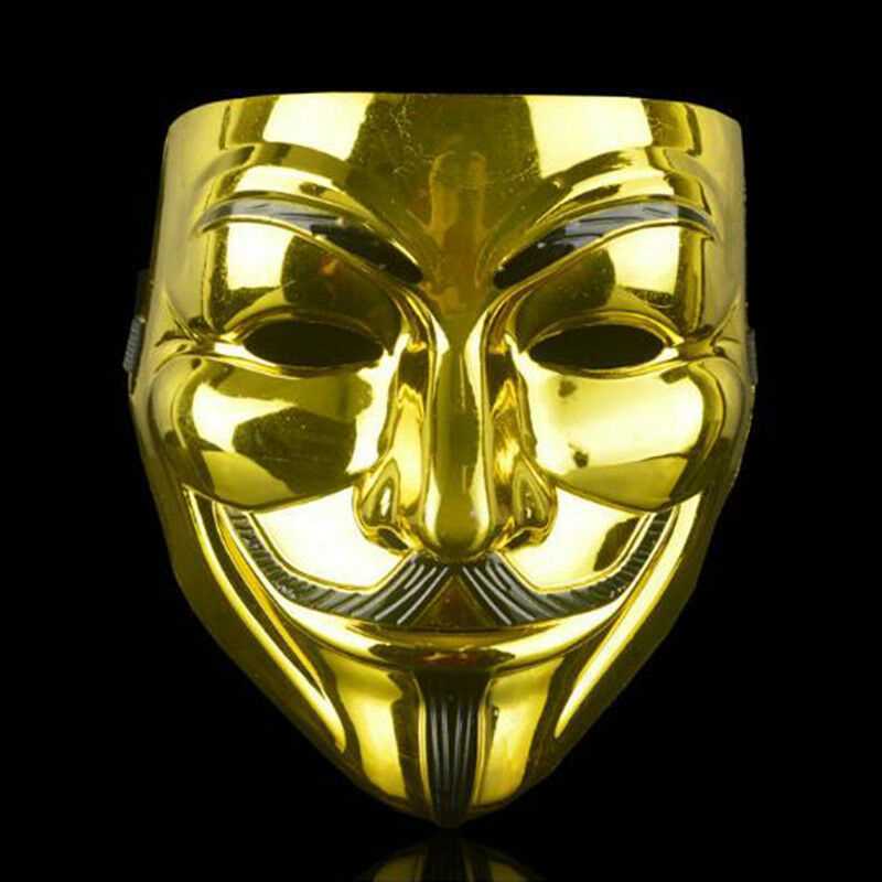 Gold Fancy Face Mask Hacker V Anonymous for Vendetta Guy Fawkes Xmas Party Dress