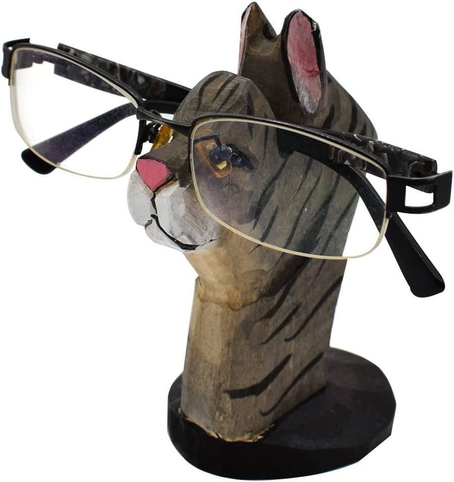 Cat Pattern Wood Carving Glasses Spectacle Holder Stand Sunglasses Display Rack Home Office Desk Decor