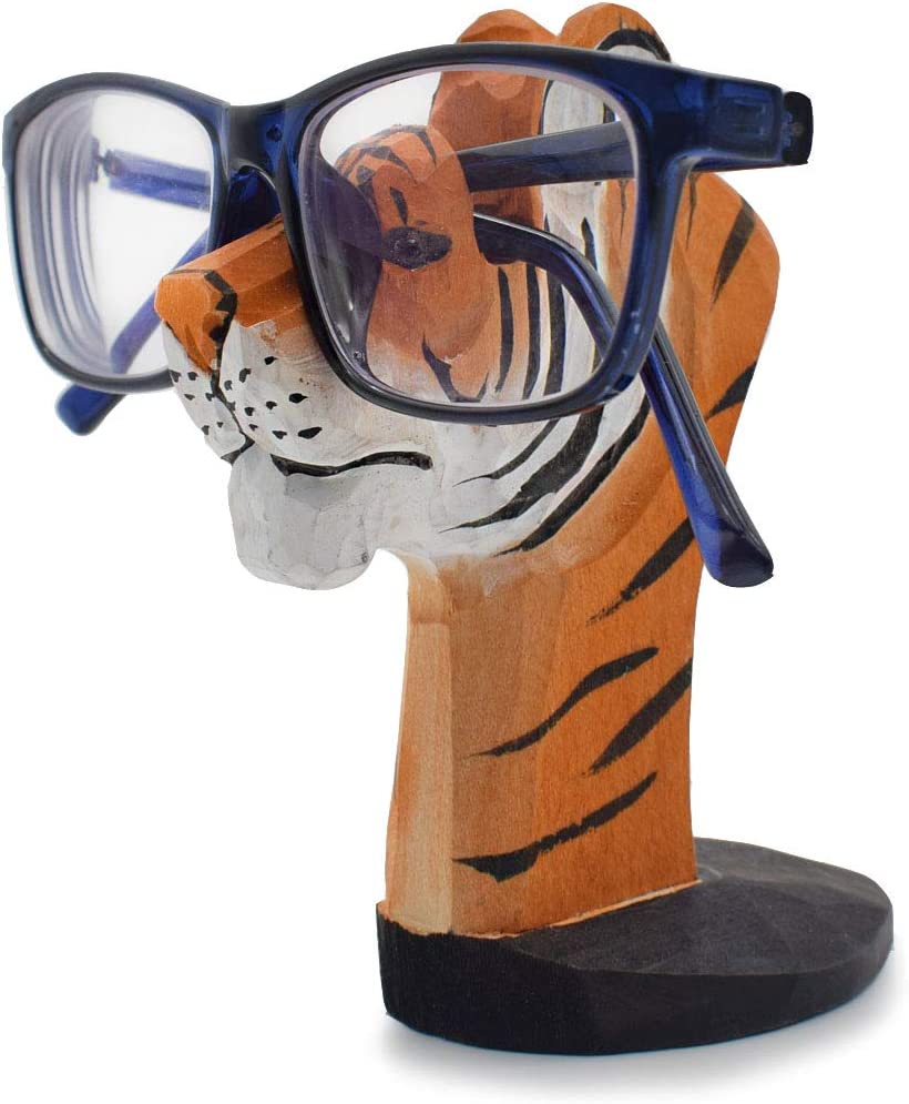 Tiger Pattern Wood Carving Glasses Spectacle Holder Stand Sunglasses Display Rack Home Office Desk Decor