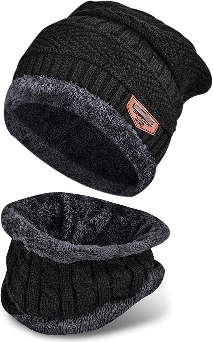 Winter Beanie Hat Scarf Set, Warm Knitted Hat and Circle Scarf Skiing Hat Neck Warmer, Outdoor Sports Hat Sets with Fleece Liner Gifts for Men Women