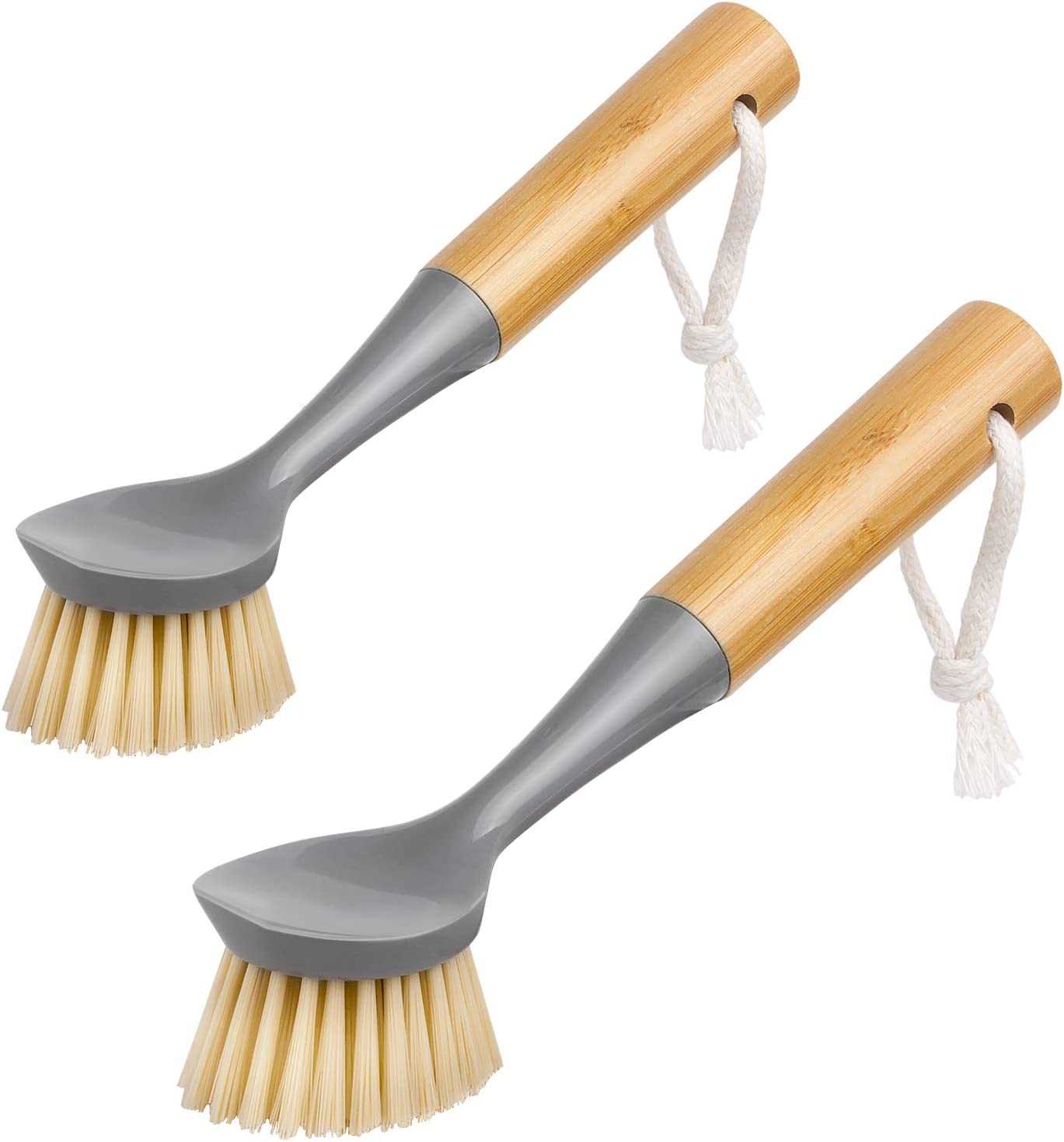2x Dish Brush with Bamboo Handle Built-in Scraper Scrubbing Brush for Pans Pots Kitchen Sink Cleaning