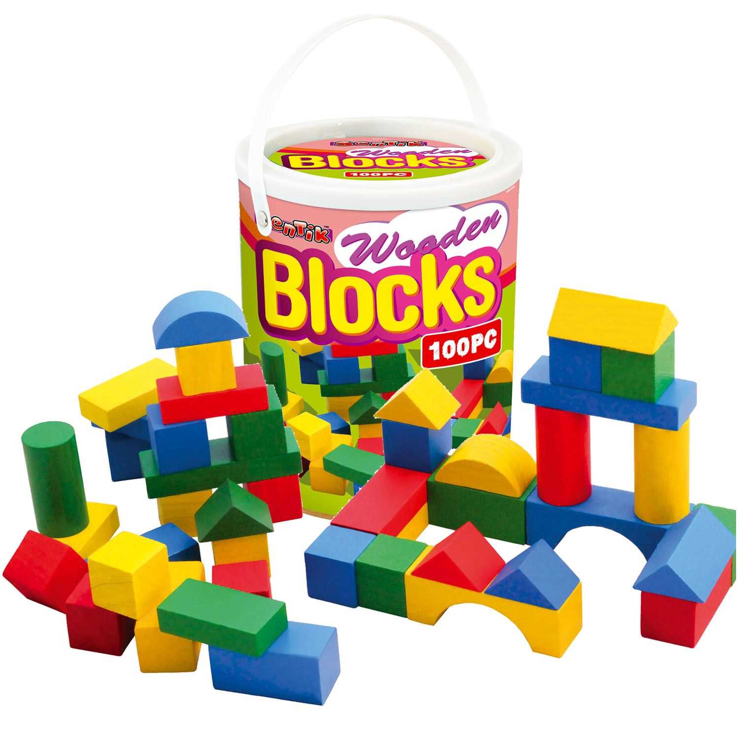 100 Bricks in a Tub Wooden Construction Building Blocks Bricks Children's Wood Toys Pieces Xmas Gift