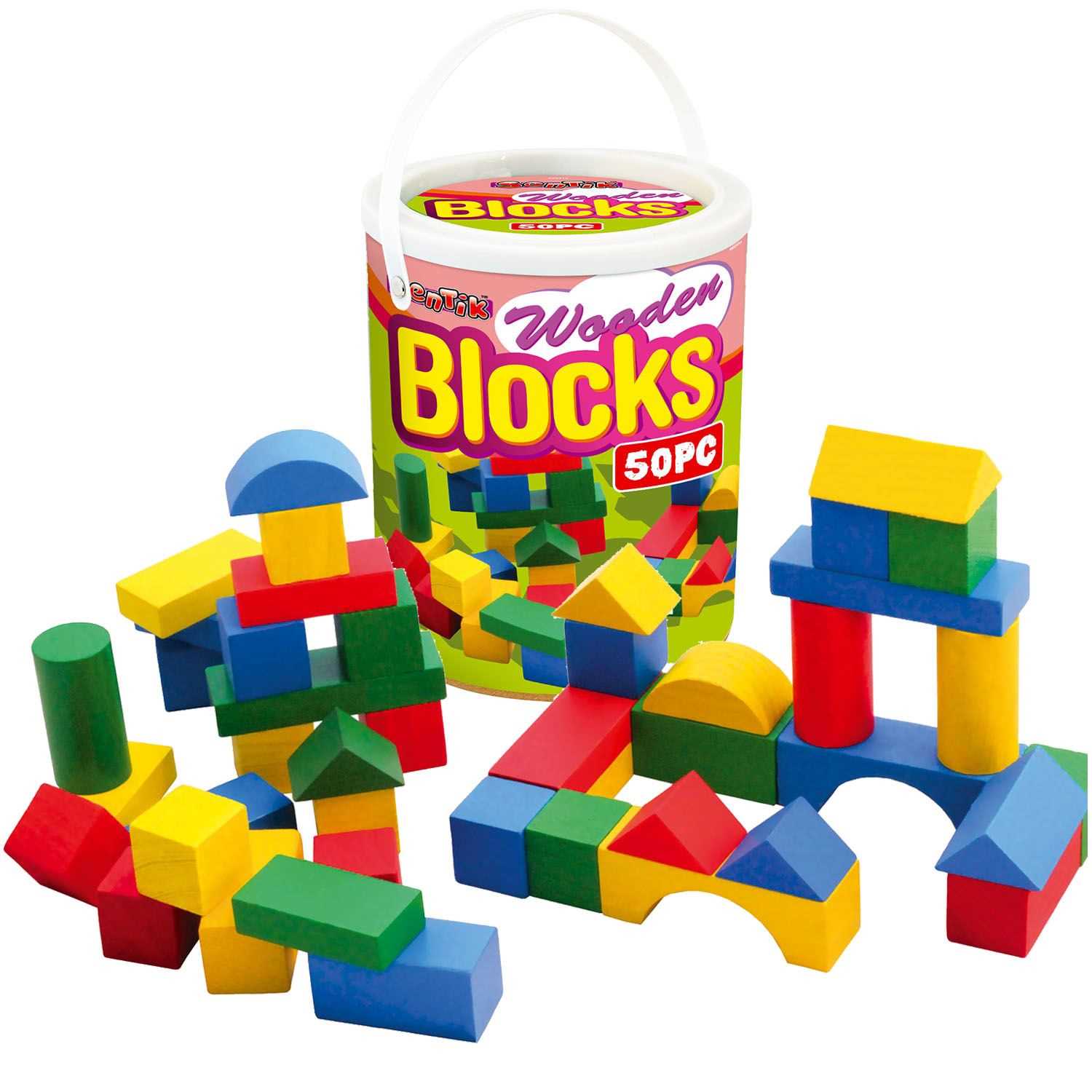 50 Bricks in a Tub Wooden Construction Building Blocks Bricks Children's Wood Toys Pieces Xmas Gift