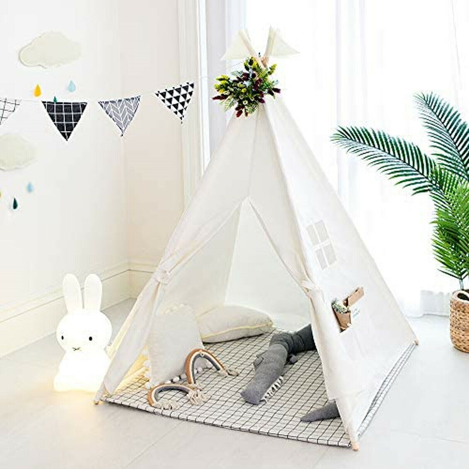 White Children Kids Summer Garden Room Teepee Tent Play House Wigwam Cotton Canvas Indoor Outdoor Camping